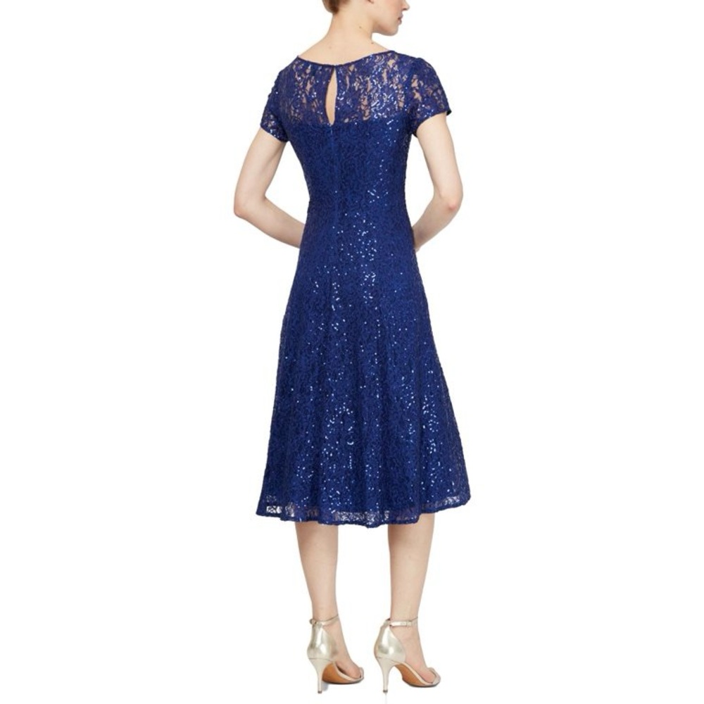 SLNY Elegant Blue Lace Midi Dress - Picture 3 of 3